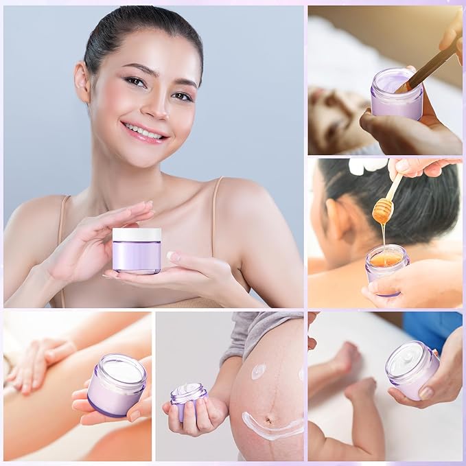 Domensi 32 Pcs 2 oz Glass Jars with Lids Travel Size Round Leakproof Empty Cosmetic Jars with Inner Liners Lid for Storing Makeup Lotions Face Cream Ointments Candle DIY Making (Light Purple)