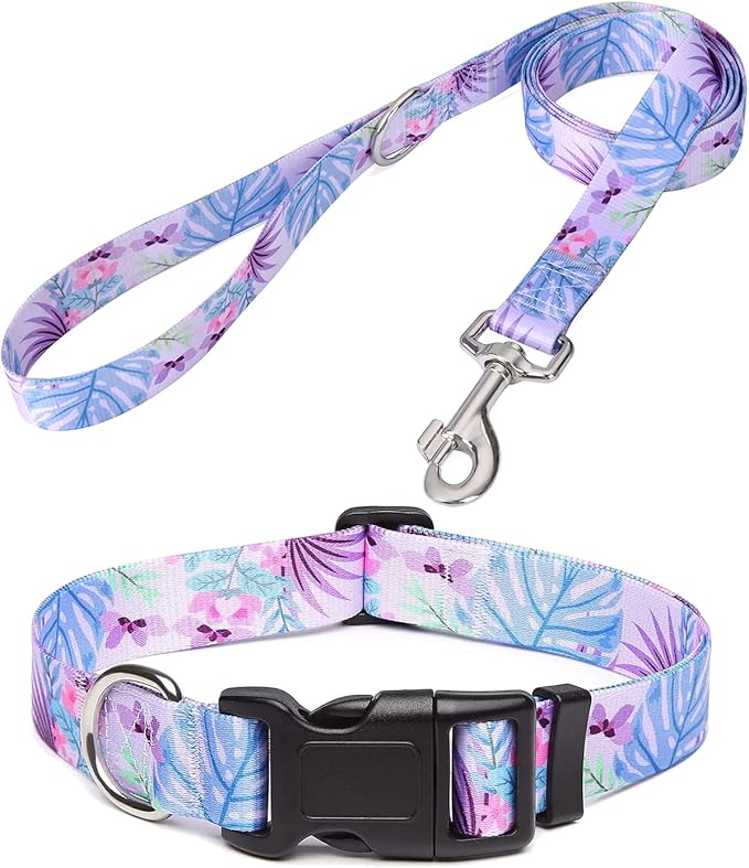 Dog Collar and Leash Set with Bohemia Floral Tribal Geometric Patterns - Soft Ethnic Style Collar Adjustable for Small Medium Large Dogs(Purple Flower Flower Set,M)