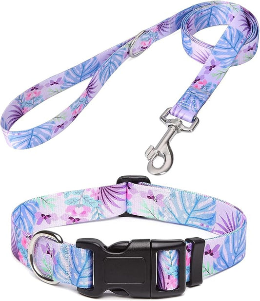 Dog Collar and Leash Set with Bohemia Floral Tribal Geometric Patterns - Soft Ethnic Style Collar Adjustable for Small Medium Large Dogs(Purple Flower Flower Set,M)