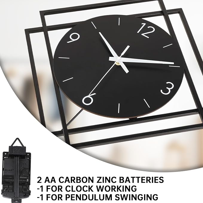 Wall Clock with Pendulum, Silent Quality Quartz Battery Operated, Modern Large