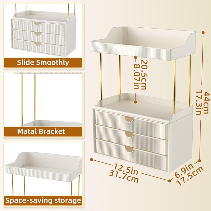 3 Drawers Bathroom Counter Organizer - 5 Tier Makeup Organizer, Versatile Perfume Organizer, Ideal for Bathroom Storage, Vanity, Large Skincare, Perfume, Present, Cream White