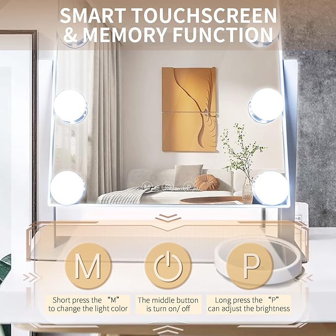 Hollywood Vanity Mirror with Lights, 12 Dimmable LED Bulbs Lighted Makeup Mirror with Detachable 10X Magnification Mirror, 1000mAh Rechargeable, 3 Color Lights, Touch Control