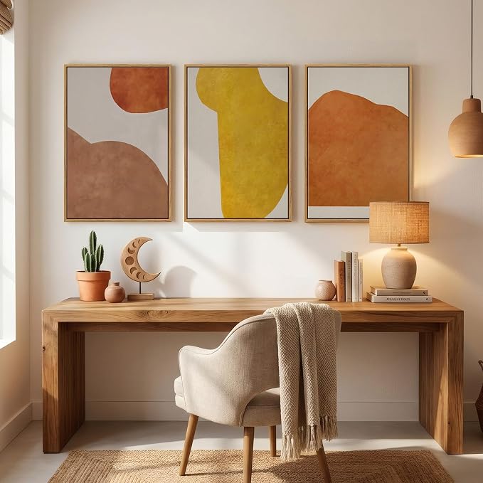 Framed Orange Abstract Boho Wall Art Bedroom, 3 Piece Neutral Mid Century