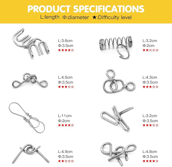 Metal Wire Puzzle 16-Piece Set with Pouch – IQ Test Brain Teaser Disentanglement Chinese Ring Fidget Toy for Kids & Adults – Portable Party Favor