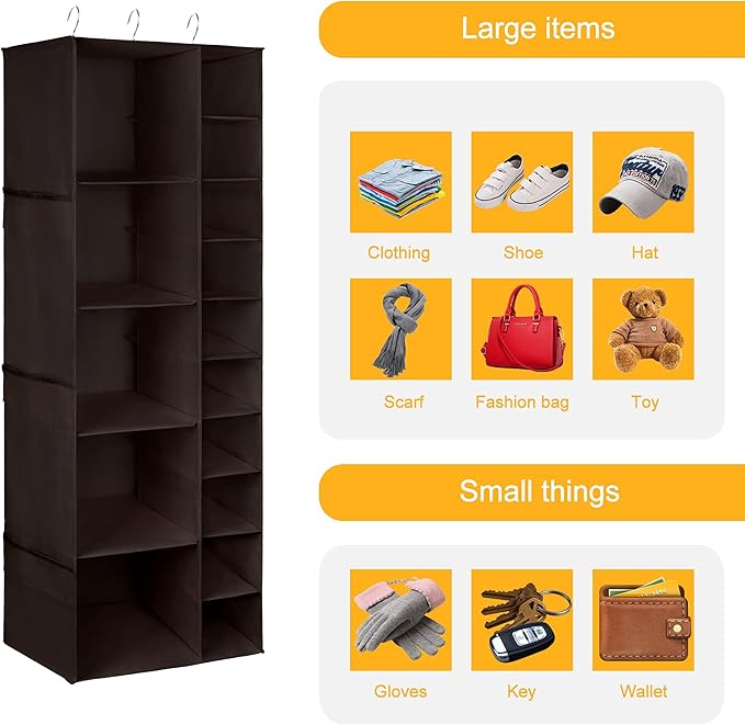 Libeder Shoe Organizer for Closet, 15 Shelf Hanging Closet Storage Shelves - 10 Shoe Rack Organizer and 5 Compartment for Clothes with 6 Side Mesh Pockets for Scarf, Socks,Gloves Coffee