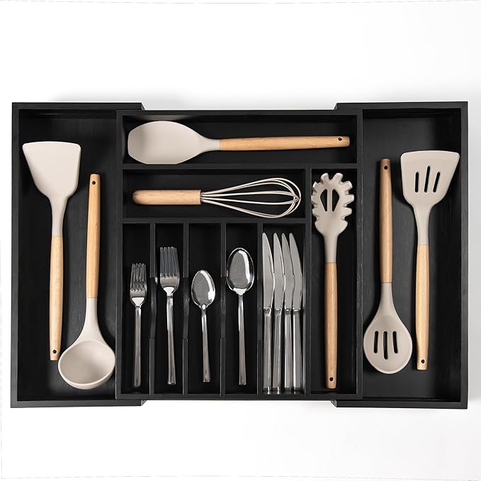 KitchenEdge Premium Silverware, Flatware and Utensil Organizer for Kitchen Drawers, Food-Safe Contract Grade, Expandable from 14.5 to 25 In, Black Bamboo