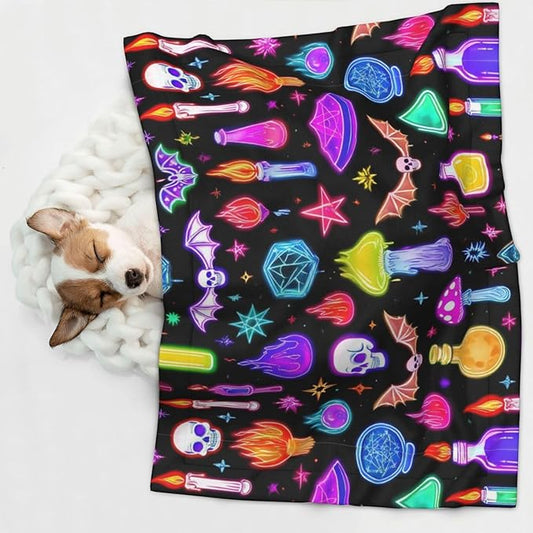 Double Sided Plush Pet Blanket with Cozy Dot Texture and Smooth Reverse, Halloween Goth Skull Bat Mushroom Witchy Witch, Reversible Throw for Dogs Cats on Couches Beds Crates