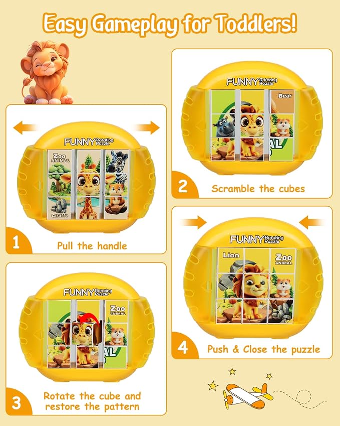 Rotating 3D Puzzle for Kids 3 4 5 6 7 Year Old, 4 Puzzles in 1, Handheld Game Fidget Toys for Travel, Cars & Plane, Fine Motor Skills Developing (Zoo Animal Squad)