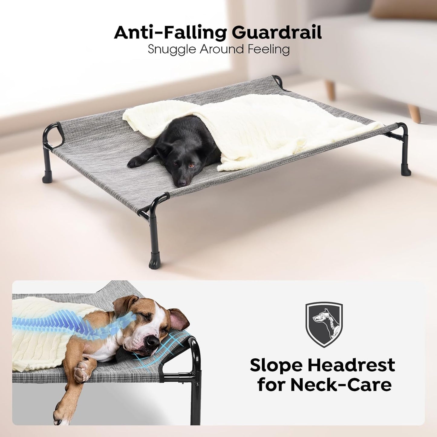 Veehoo Elevated Dog Bed, Cooling Raised Dog Bed with Guardrail & Headrest, Upgraded Non-Slip Silicon Feet, Breathable Teslin Mesh, Portable Pet Cot for Indoor and Outdoor, 35 x 22 Inches, Black Silver
