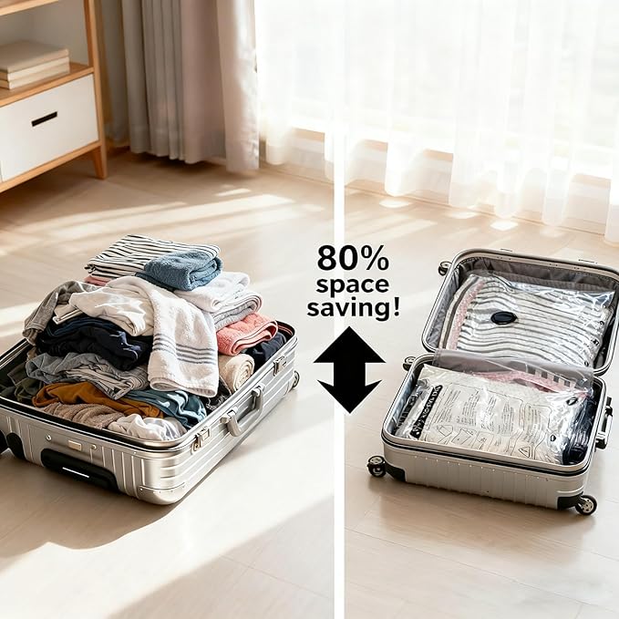 Lazyfeel 6-Pack Vacuum Travel Storage Bags, Space-Saving Must-Have, Fits Various Suitcase Sizes, Equipped with Portable Air Pump for Travel Holidays Flights and Cruises