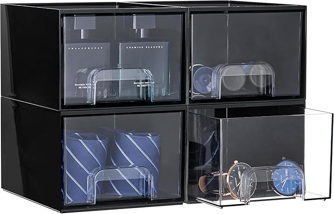 Vtopmart Black Small Stackable Storage Drawers, Cologne Organizer for Men,Plastic Containers for Vanity, Dresser,Office Desk,Bathroom Countertop Organization,Ideal for Room Decor,Gifts for Men