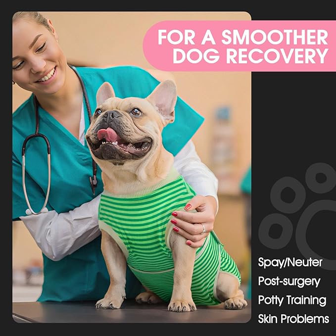 FUAMEY Dog Recovery Suit Male,Dogs Surgery Neuter Suits Puppy Spay Shirts for Female Protect Dog's Skin Anti Licking Abdominal Wounds Doggie Onesie Pet Bodysuit Alternative to Cone Green Stripes M