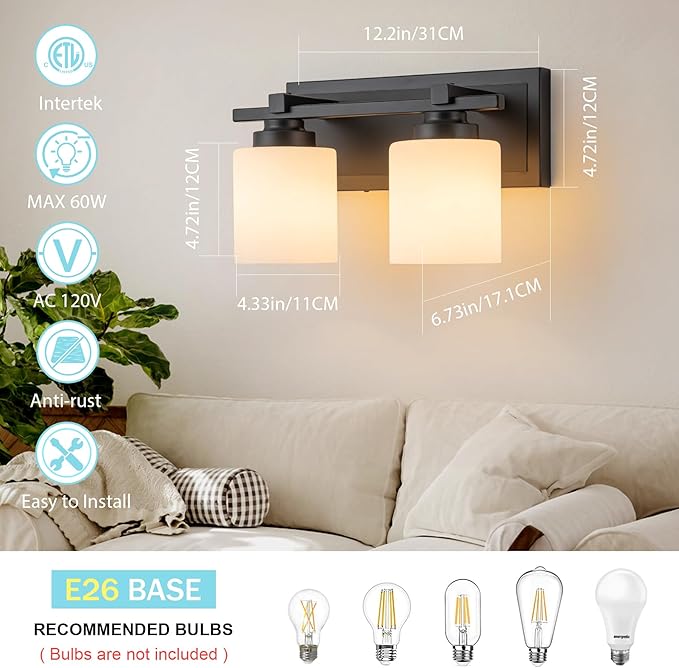 2 Light Modern Bathroom Light Fixtures Over Mirror, Black Vanity Lights for Bathroom Wall Sconces with Milky White Glass Shades, E26 Socket (Bulbs Not Included)