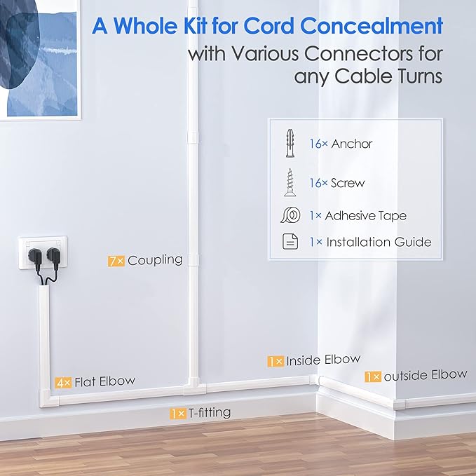 Yecaye 125in Cord Hider, Large Cord Covers for Wires on Wall, Cable Management Kit for Mount TVs, Wire Hider Cable Concealer for Home Office, W1.18in H0.6in, White