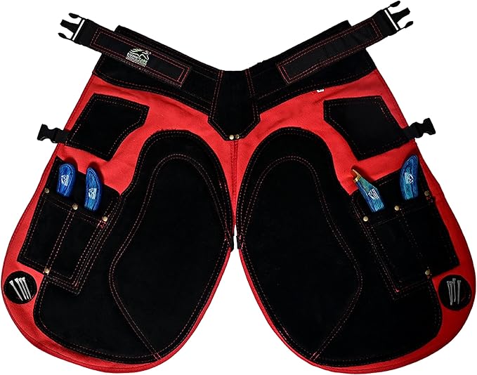 Equine Care Farrier Apron Chaps 2mm Cowhide Leather, 500 GSM Canvas, Air-Mesh, 27" Length, Adjustable Waist (28"-52"), Ergonomic Foam-Padded Thigh & Back Support, 4 Knife Pockets, 2 Nail Magnets.