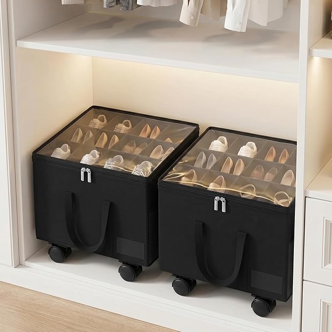 Large Rolling Shoe Organizer Boxes, 2 Pack – Black