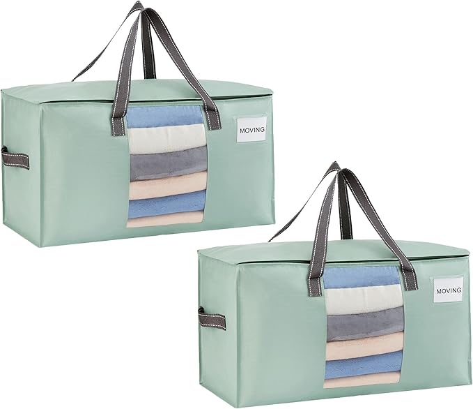 VENO 2 Pack Moving Bags, Christmas Storage Bins, Moving Boxes Alternative, Comforter and Blanket Storage Bags, College Dorm Packing Supplies, Foldable Heavy-Duty Tote (Light Green Matte, 2 Pack)