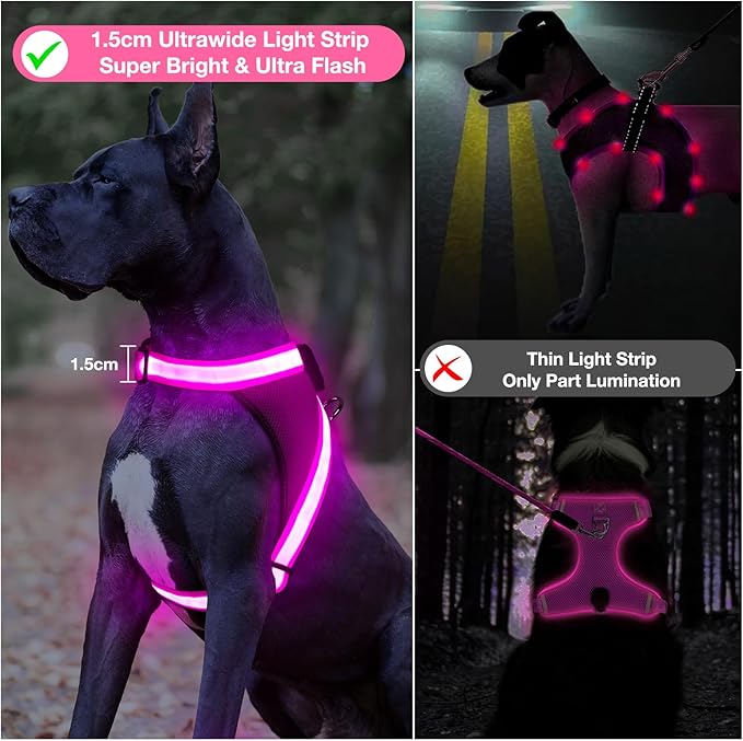 ChalkLit Light Up Dog Harness, No Pull Led Dog Harness Glow-in-The-Dark for Night Walking, USB Rechargeable Lighted Safety Vest for Small Dogs, Adjustable Soft Mesh Fully Illuminated (Pink, Small)