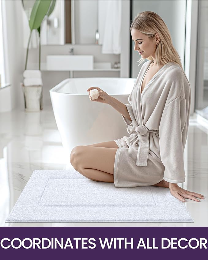 DEXI Bathroom Rugs 24x16, Washable Non Slip Bath Mat for Shower Floor, Absorbent Quick Dry Bathmat with Rubber Backing, Ultra Soft Plush Carpet for Tub, White