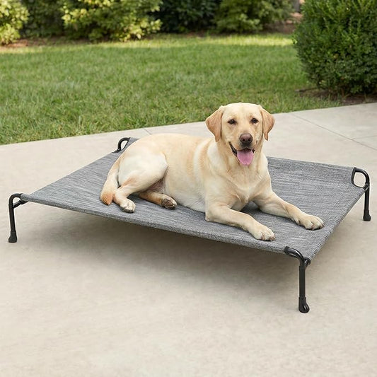 Veehoo Outdoor Dog Bed, Raised Dog Bed for Large Dogs, Elevated Dog Bed with Headrest, Washable Cooling Pet Cot, Breathable Dog Hammock for Camping & Indoor, Non-Skid, 41", Black Silver