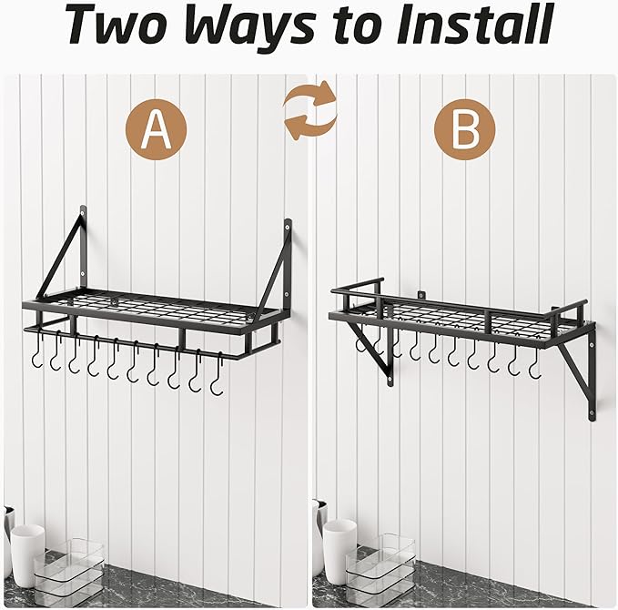 KES 24 Inch Kitchen Pot Pan Rack Wall Mounted Hanging Storage Organizer Wall Shelf With Hooks Matte Black, KUR215S60-BK