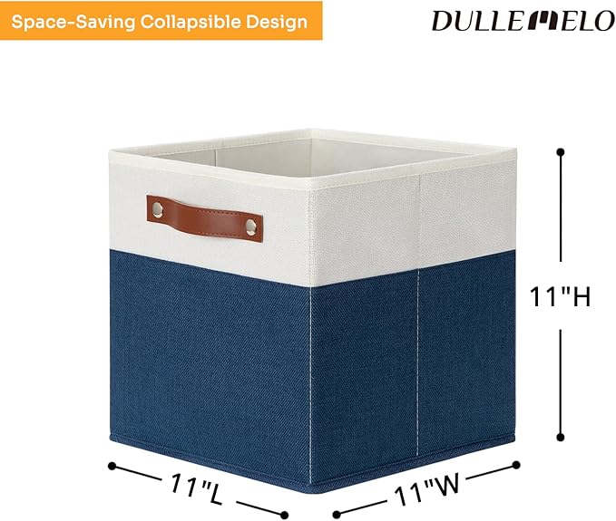 DULLEMELO Fabric Bins for Cube 11x11, Gift Baskets Empty for Boy Girl Mother Father Christmas Festival,Fabric Storage Bins Cube Organizer Baskets With Leather Handles(White&Blue)