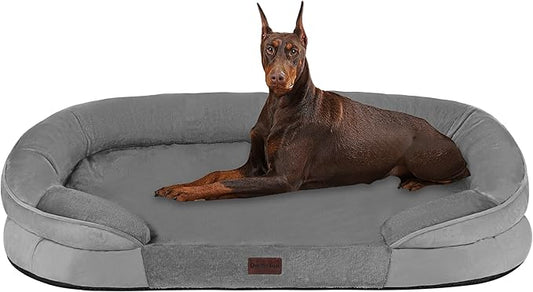 Dwanton Orthopedic Dog Bed for Extra Extra Large Dogs with Gel Memory Foam, Waterproof Dog Sofa, Washable Pet Bed with Four Sided Bolster Cushion, Removable Cover & Non-Slip Bottom, 48", Medium Gray