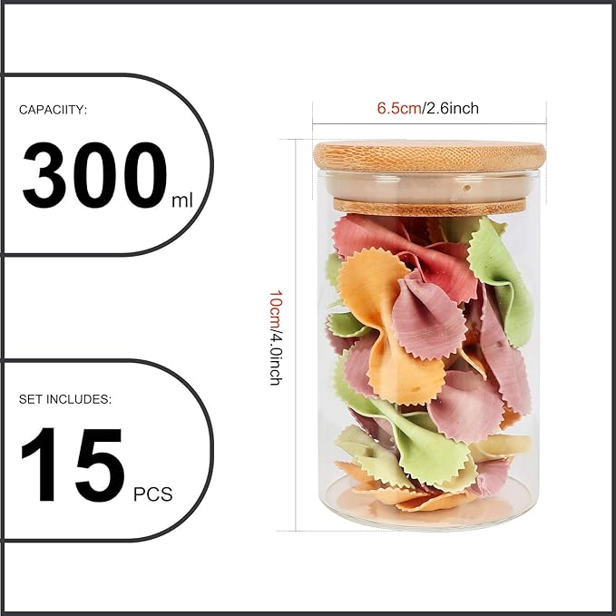 8 oz Glass Jars With Bamboo Lids - Borosilicate Airtight Canisters, Food Storage Container, Pantry Organization, Kitchen Sets, Spice Containers - Set of 15