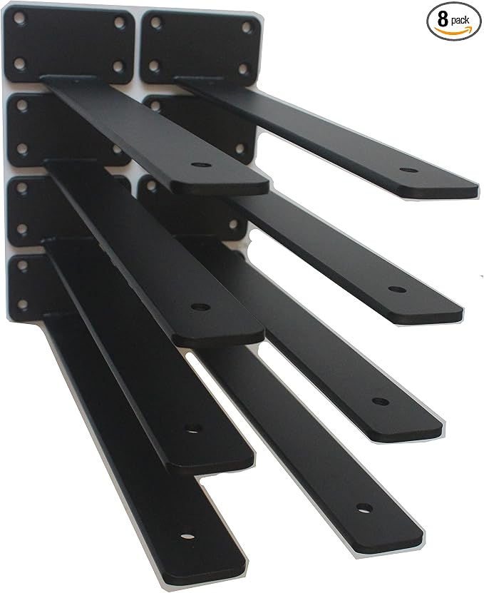 8 Pack - 12 inch Black Hidden L Shelf Bracket Iron Floating Shelf Brackets