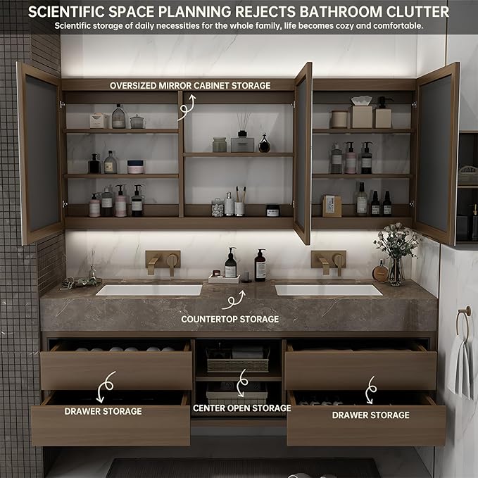 56IN Double Sink Bathroom Vanity, Floating Modern Bathroom Vanity Include Smart Defog Mirror Cabinet with LED Light, Solid Wood Vanities with Integrated Sink and Drawers Storage