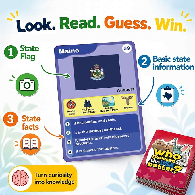 Quokka Who Guess It Better USA States – Educational Game with Visual Clues, Geography Learning Card Set, 50 Cards, Screen-Free Travel Game for Kids Ages 6+