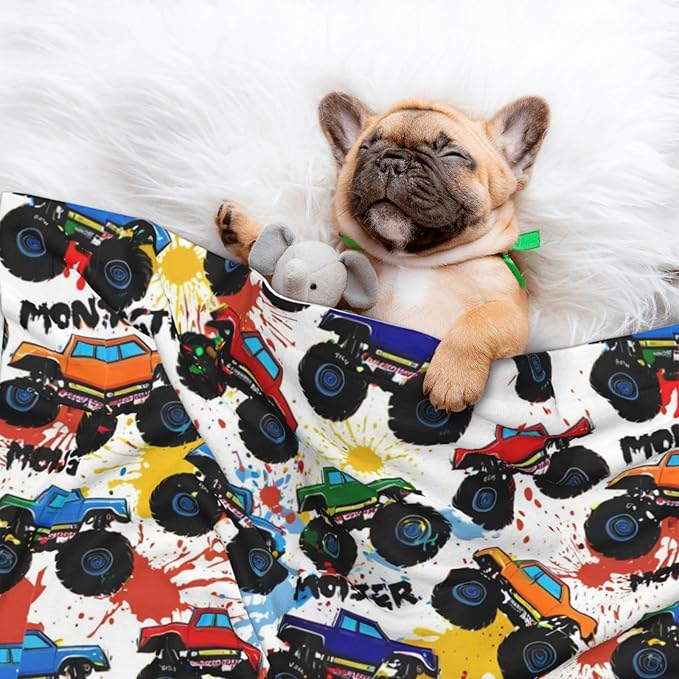 Reversible Plush Dot Pet Blanket for Dogs and Cats, Grunge Monster Truck Car Art, Ultra Soft Two Sided Design with Warm Fuzzy Side and Smooth Side for Comfort