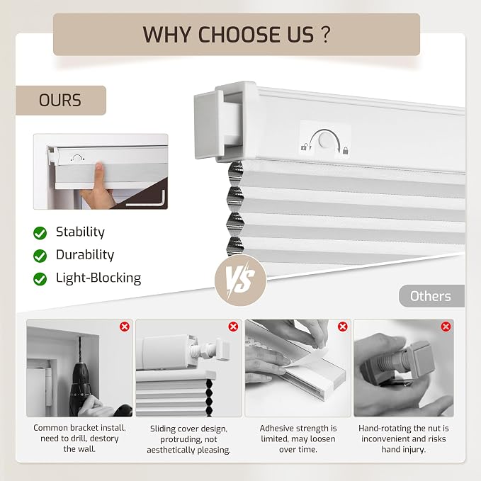 Grandekor No Drill No Tools Cordless Cellular Shades, 27.5" W x 64" H, UV