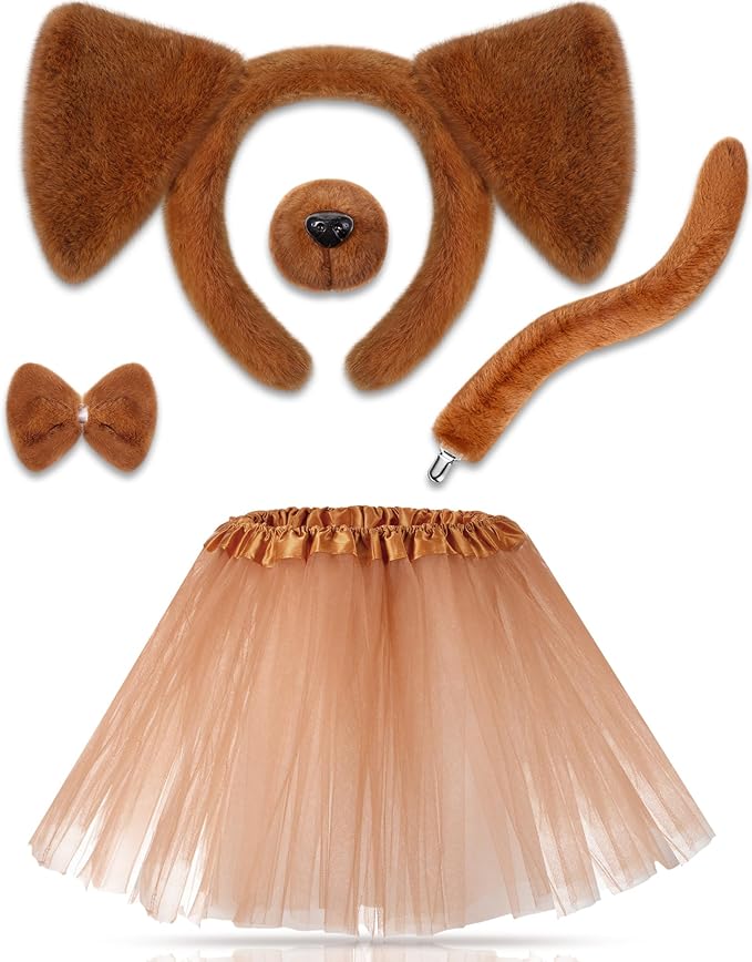 Zhanmai 5 Pcs Carnival Animal Costume Kid Bear Puppy Dog Pup Kangaroo with Tutu Ear Headband Bowtie Tail Paws for Boys Girls