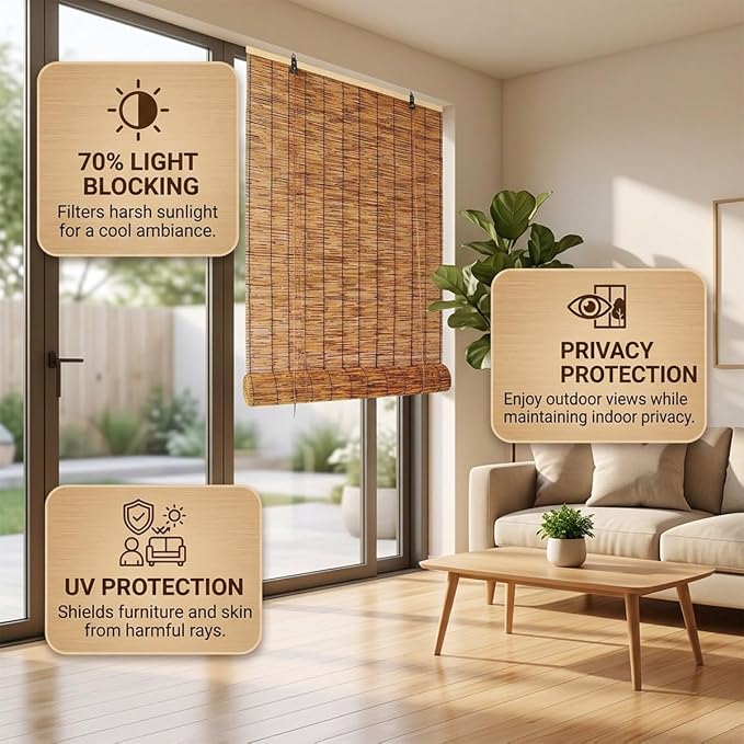 Outdoor Bamboo Roller Blinds, Retro Breathable Reed Shades