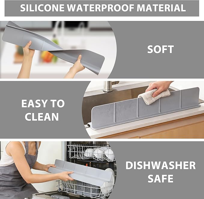 29Inch Sink Splash Guard – Extended Length & Tall Silicone Kitchen Sink Splash Guard with Overhang Drainage Design & Strong Suction Cups for Countertop(Grey, 29''x3.5'')