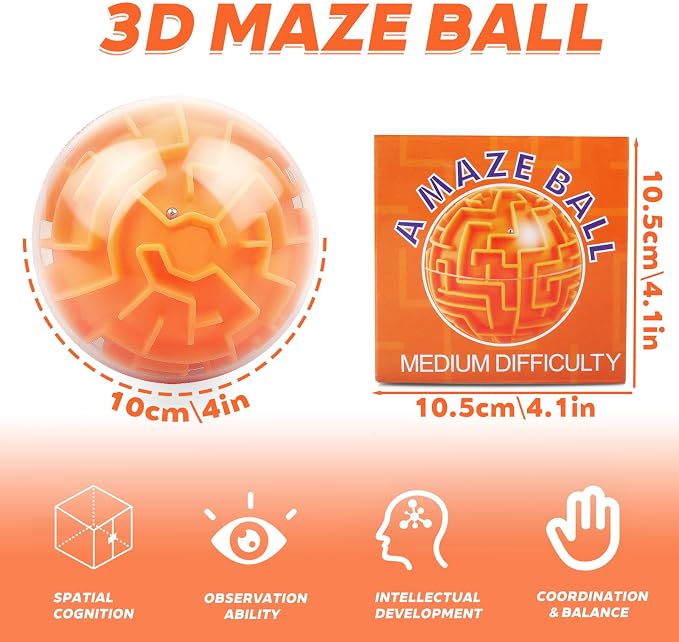3D Memory Sequential Maze Ball, Puzzle Ball Toy, Brain Teasers for Kids 8-12 - Challenges Game Lover Balls Brain Teasers Game, Christmas Stocking Stuffers(Orange)