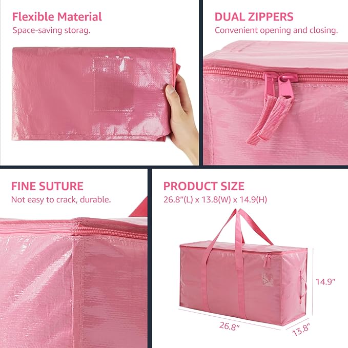 Moving Bags Heavy Duty Extra Large, Moving Boxes, Moving Supplies Essentials,Storage Bins with Lids, Plastic Packing Totes, Storage Bags for Clothes with Handles & Zippers(Pink, 4 Pack)