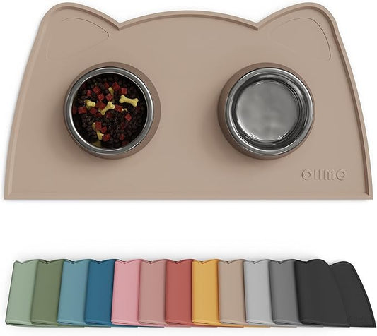 OHMO - Cat Food Mat, Silicone Pet Feeding Mat for Floor Non-Skid Waterproof Dog Water Bowl Tray, Easy to Clean Pet Placemat (Beige, 18 * 9.8'')