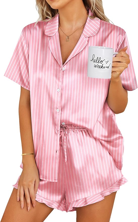 Ekouaer Womens Satin Pajamas Set Button Down 2 Piece Silk Pjs Shorts Set Ruffle Lingerie Notch Collar Sleepwear