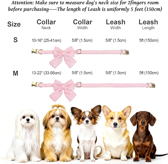 Dog Collar and Leash Set with Bowtie, Girl Dog Collars Metal Buckle Adjustable for Small Medium Dogs (White, S: Neck 10"-16" Leash 5 FT)