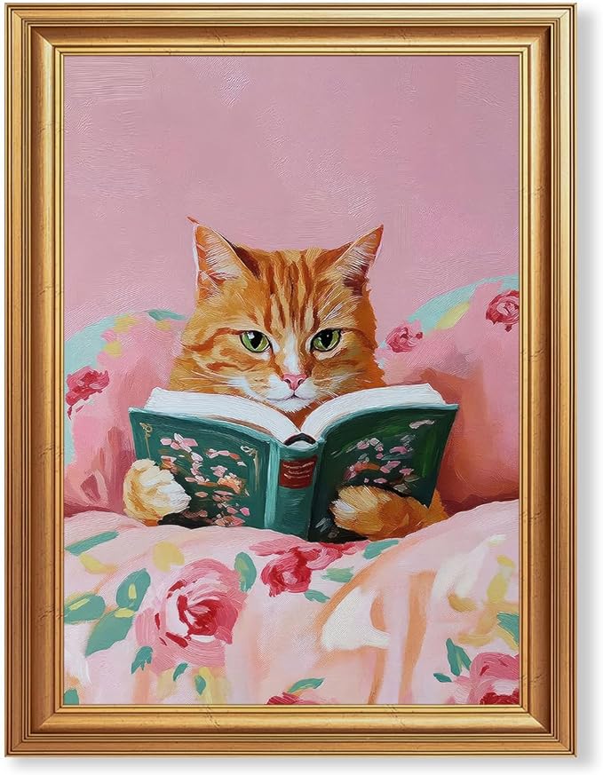 Fantasy Artists Gold Framed Wall Art Prints, Cute Orange Cat Reading a Green