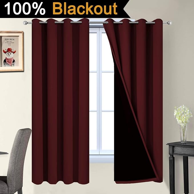 Yakamok 2 Thick Layers Completely Blackout Curtain Panels, Noise Reducing Drapes