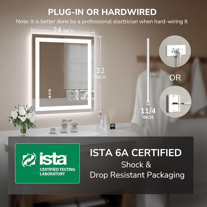 USHOWER LED Bathroom Mirror 24x32 Inch Tempered Glass