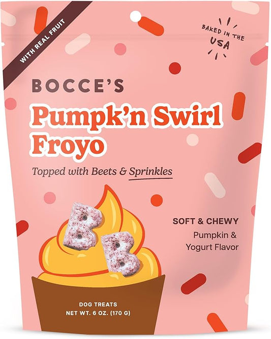 Bocce's Bakery Pumpk’n Swirl Froyo Dog Treats – Natural, Wheat-Free Soft & Chewy Cookies Made with Real Ingredients – Baked in The USA and Topped with Beets & Sprinkles, 6oz