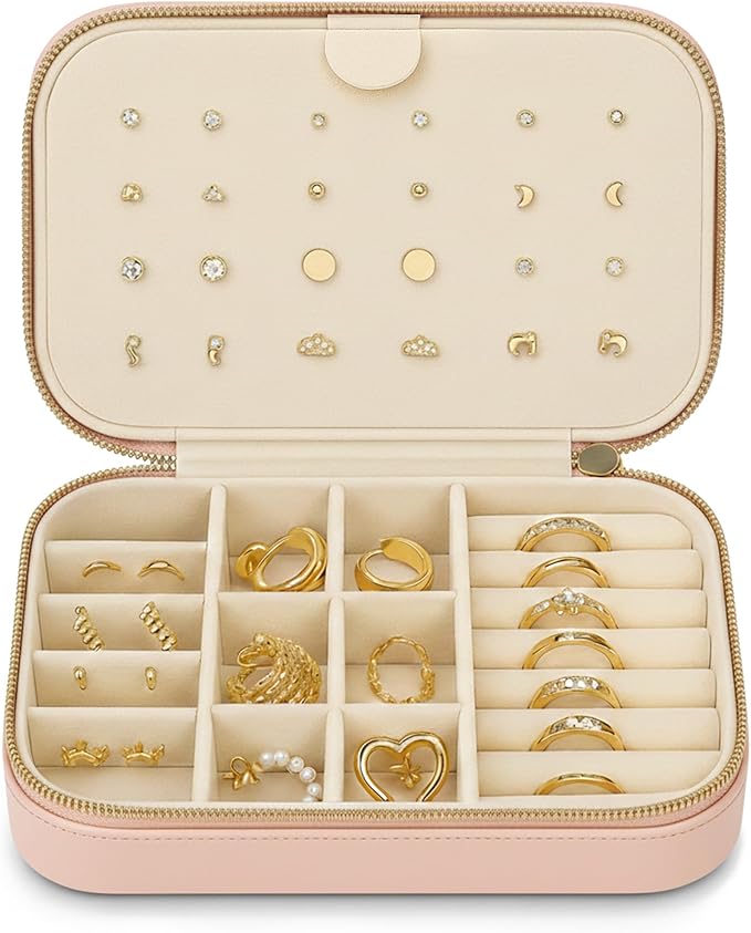 Small Travel Jewelry Box Organizer for women & Girls, Portable Small Travel Jewelry Case Organizer for Traveling, PU Leather Mini Box for Earrings, Necklaces, Rings, Bracelets - Pink