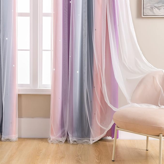 XiDi Curtains for Bedroom Decor, Rainbow GreyPinkPu-34-90