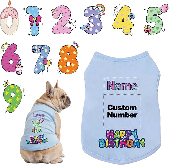 Custom Dog Birthday Shirt,Personalized Pet Apparel Print with Name Age Number,Pet Birthday Outfit,Lightweight Breathable Cotton Vest for Small Medium Large Dogs Cat (Blue, Small)