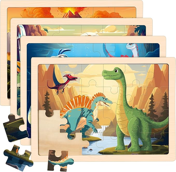 4-Pack Wooden Puzzles for Kids Ages 3-5, 24-Piece Dinosaurs Toddler Set | Toddler Puzzles Ages 3-5, Preschool Puzzles with Wooden Jigsaw Boards for Fine Motor Skills, Shape Recognition and Travel