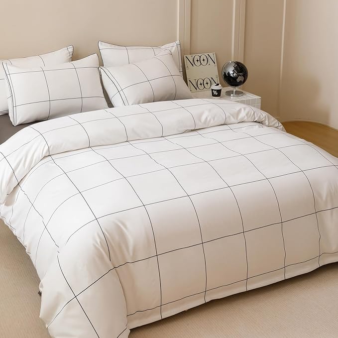 KAREVER White Grid Comforter Cal King Women Black Square Lines Checkered Bedding Set California King White Plaid Comforter Cal King Size